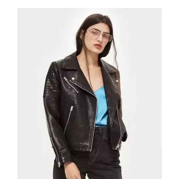 Topshop Faux Leather Bike Moto Jacket Black Size 6 Women's Vegan Silver Hardware - Picture 1 of 7